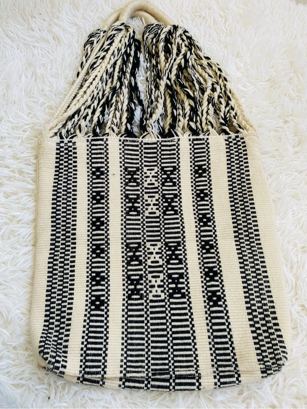 Handwoven Black & Ivory Boho Tote Bag Braided Handles Large Zip Tote